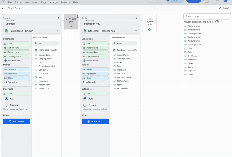 A GIF showing how to configure a full outer join in a Looker Studio blended data.