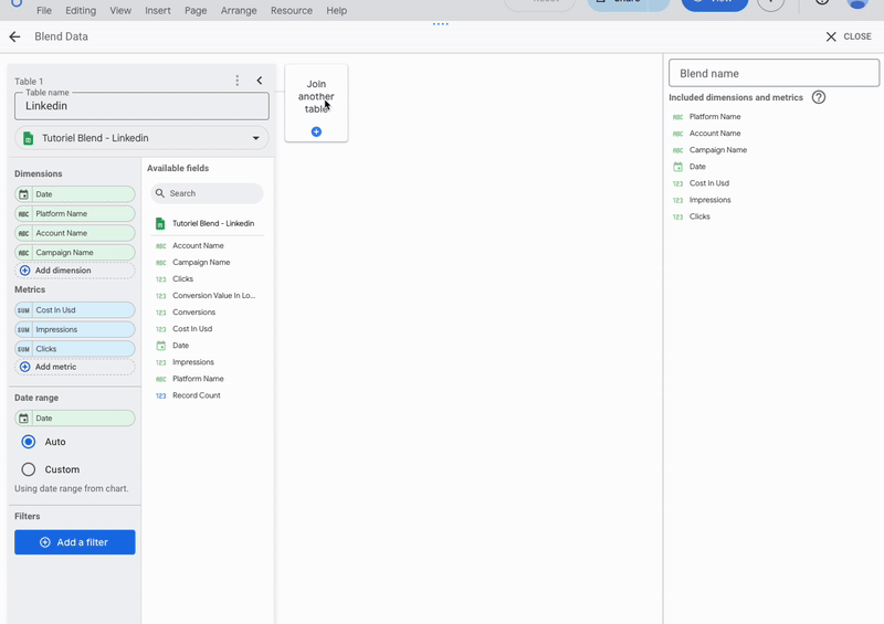 A GIF showing an example of a second table configuration in Looker Studio blended data.