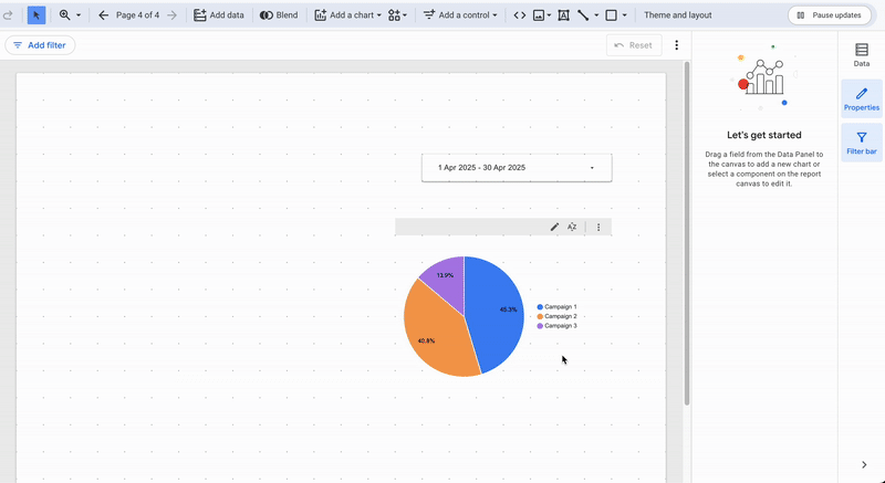 A GIF showing how to add a chart title on a Looker Studio visualization componant.