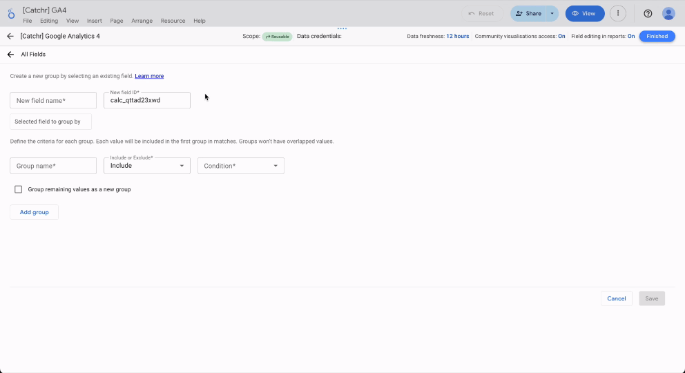 A GIF demonstrating how to name a group in Looker Studio.