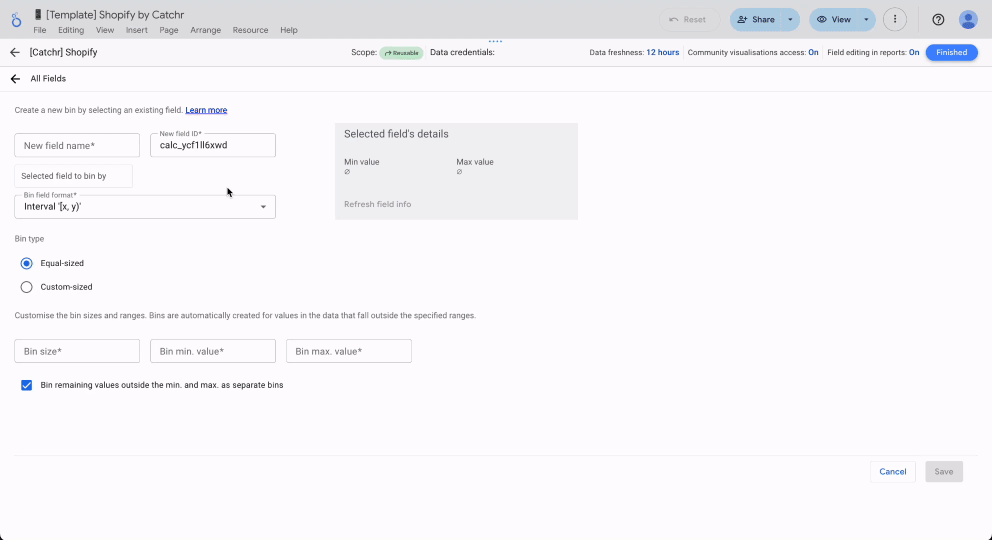 A GIF showing an example of a configuration for a bin in Looker Studio.