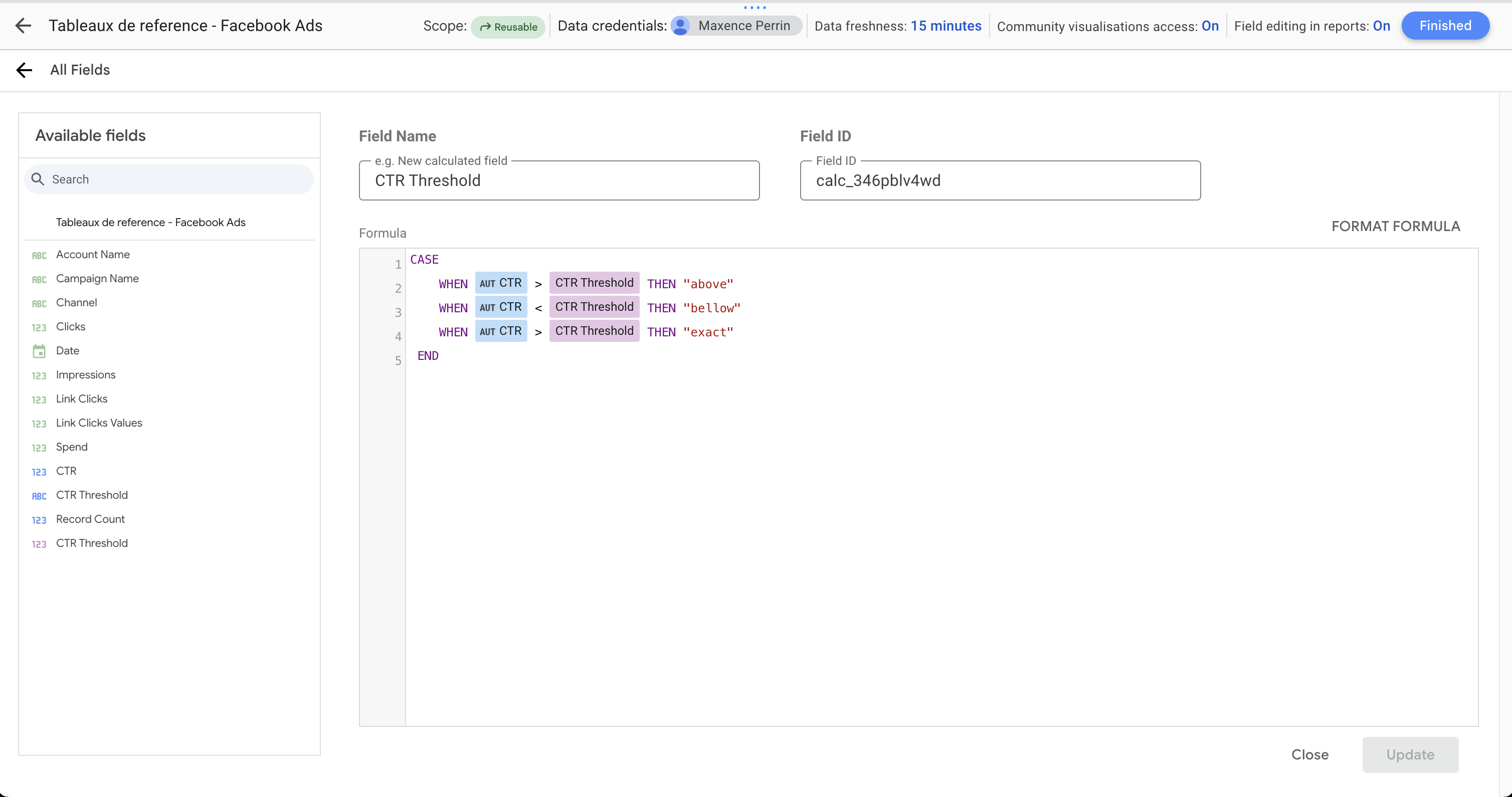 A screenshot from Looker Studio showing a calculated field for CTR threshold using a parameter to set the condition.