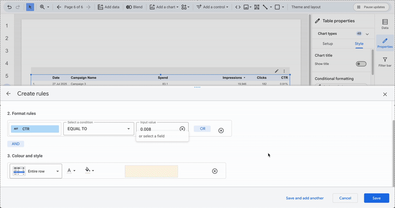 A GIF demonstrating an example of conditional formatting in Looker Studio, applying a single-color rule to highlight data values.