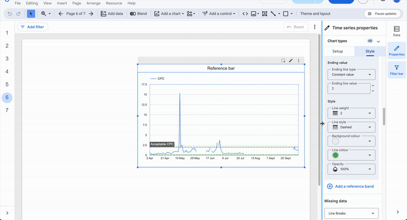 A GIF showing how to customize bands in a Looker Studio chart.