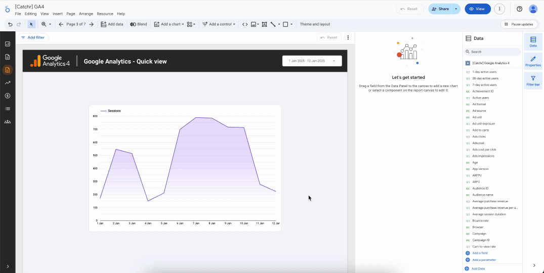 A GIF from Looker Studio demonstrating how to enable the zoom feature on a time series chart and interact with it in view mode to explore data in detail.
