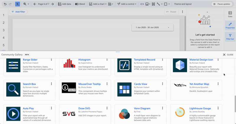 A GIF showing how to add and set up a community visualization component in Looker Stucduoi