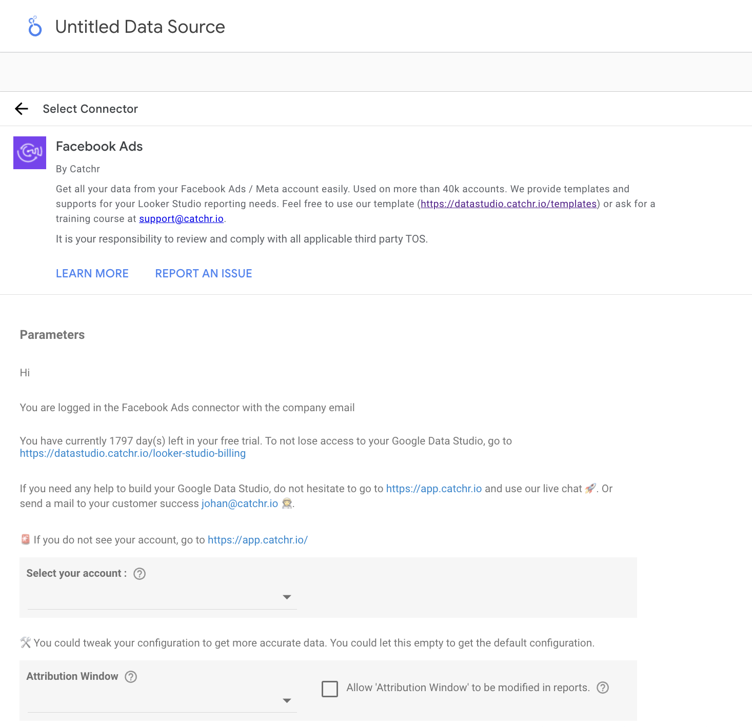 Configure attribution window and ad account selection