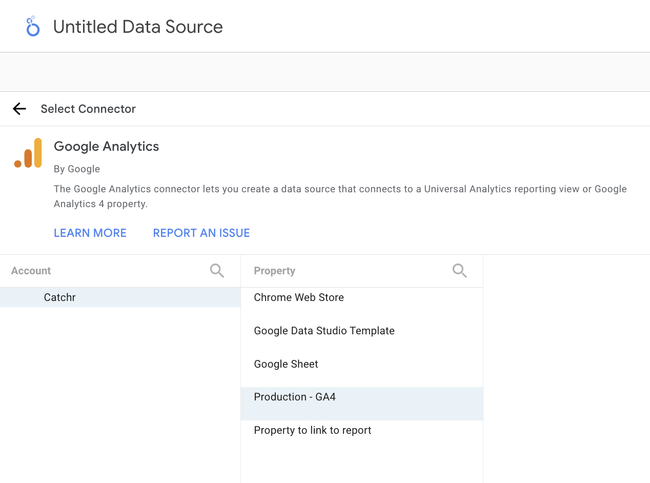 Choose your account and GA4 property to add