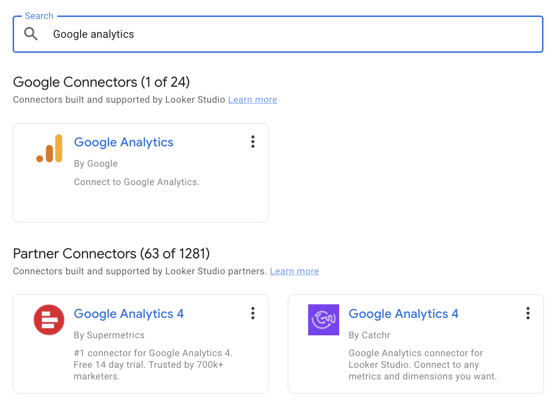Search for Google Analytics 4 in Looker Studio