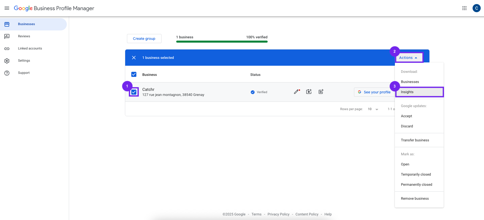 export CSV from Google Business profile
