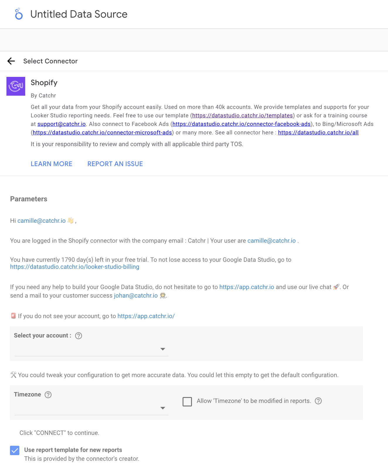 Select a Shopify account