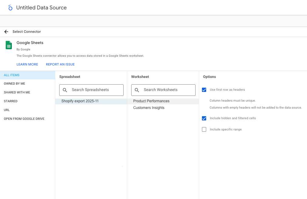 Screenshot from Looker Studio showing the selection of the spreadsheet and worksheet containing Shopify export