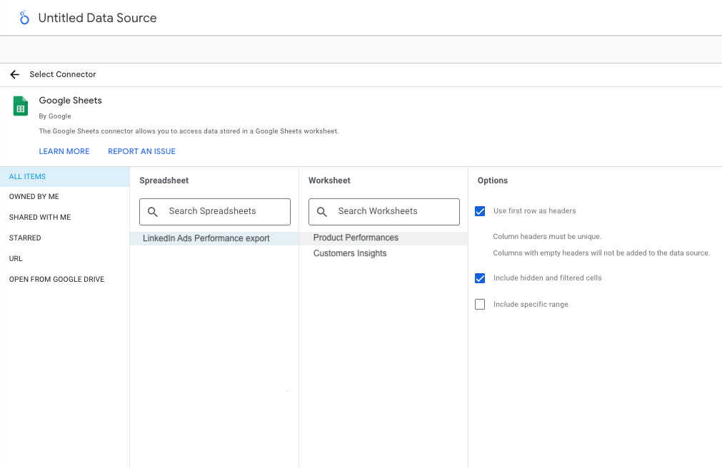 Select LinkedIn Ads spreadsheet in Looker Studio