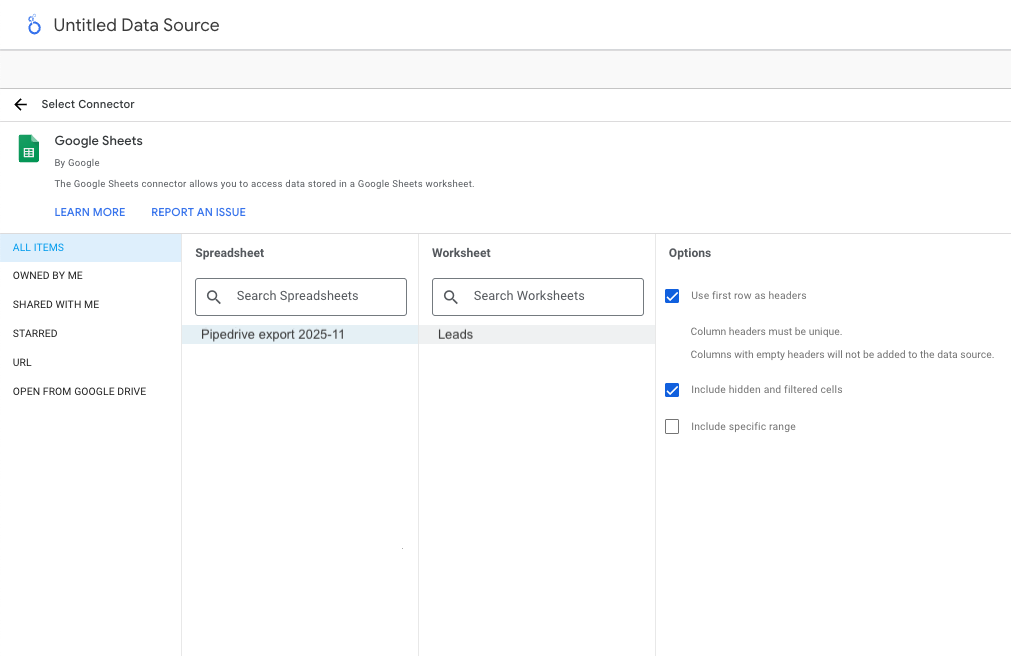 Screenshot from Looker Studio showing the selection of the spreadsheet and worksheet containing Pipedrive export