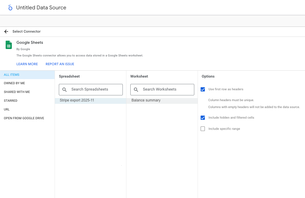 Screenshot from Looker Studio showing data selection (spreadsheet and worsheet) to connect Stripe data
