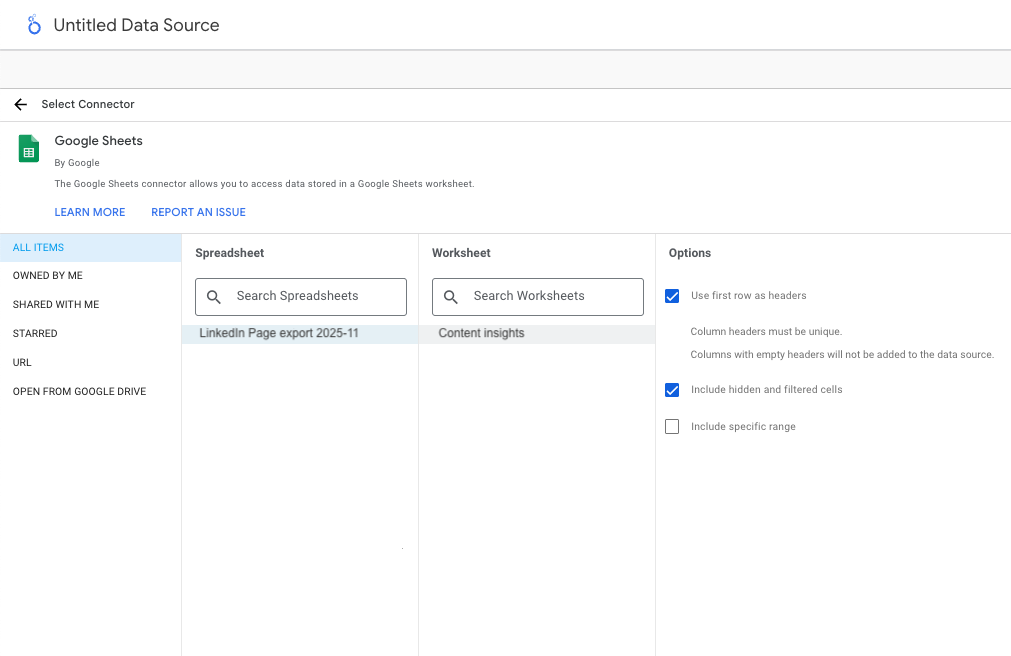 Screenshot from Looker Studio showing data selection (spreadsheet and worsheet) to connect LinkedIn Page data