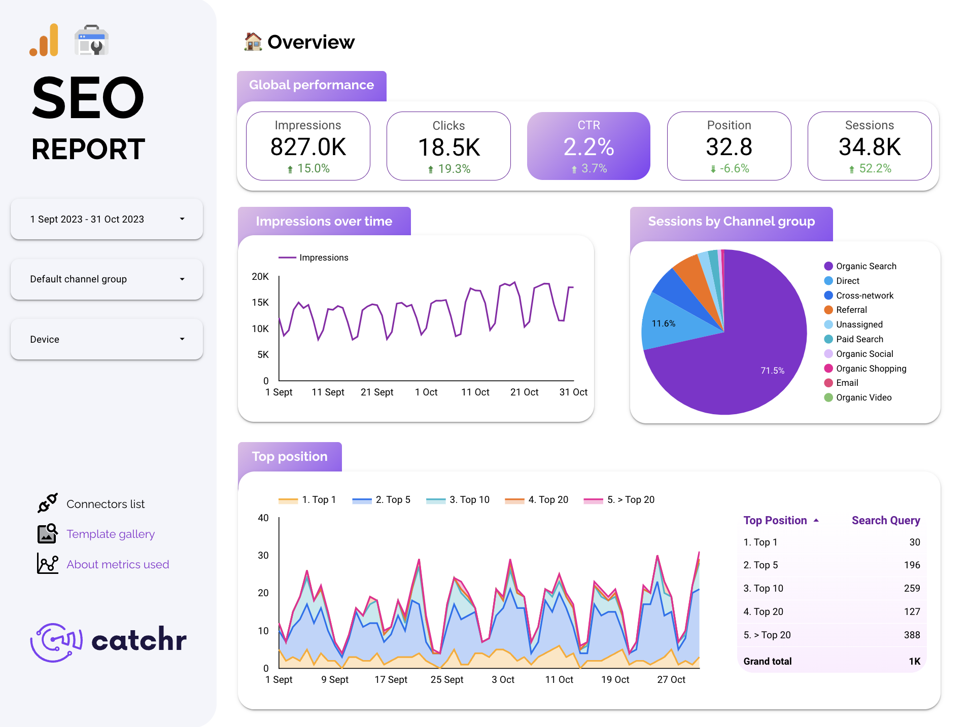 a screenshot from looker studio showing a SEO report template.