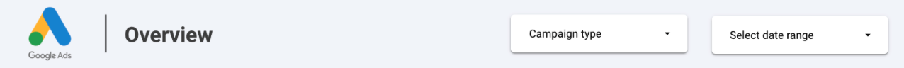 looker studio Google Ads overview header with campaign type and date range controls.