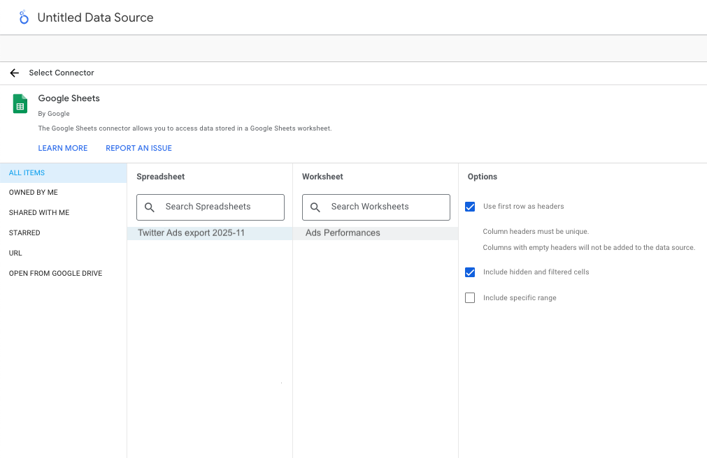 Screenshot from Looker Studio showing data selection (spreadsheet and worsheet) to connect Twitter Ads data