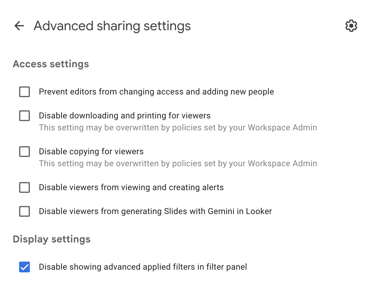A screenshot from Looker Studio showing the advanced sharing settings.