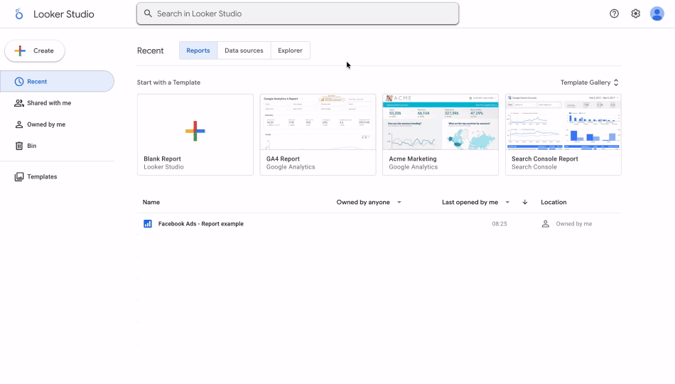 A GIF showing how to share a data source from Looker Studio home page.