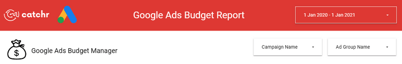 Looker Studio header for a Google Ads Budget Report with date range, campaign, and ad group filters.