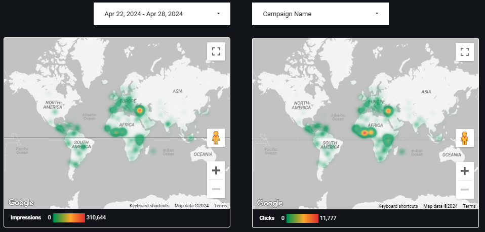 Looker Studio world heatmaps showing impressions and clicks by location, with date and campaign filters above.