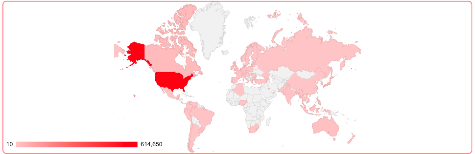 Looker Studio world map heatmap showing countries colored by intensity of values.