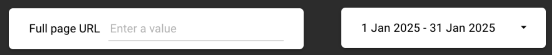 Looker Studio controls for full page URL and date range.