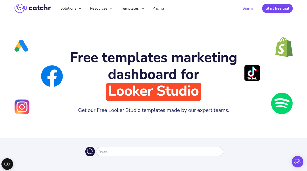 Catchr banner promoting free Looker Studio marketing templates with platform logos.