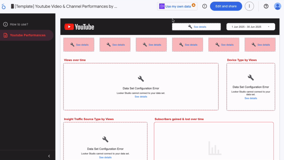 GIF showing a Looker Studio template preview with empty charts and “Data Set Configuration Error” before connecting data