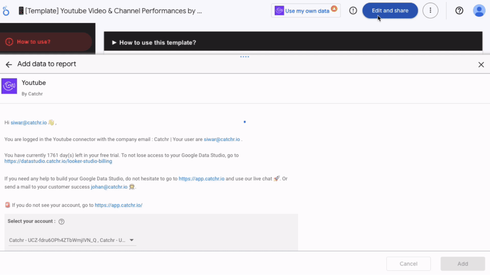 GIF showing a Catchr YouTube connector in Looker Studio, where the user selects an account and clicks “Add.