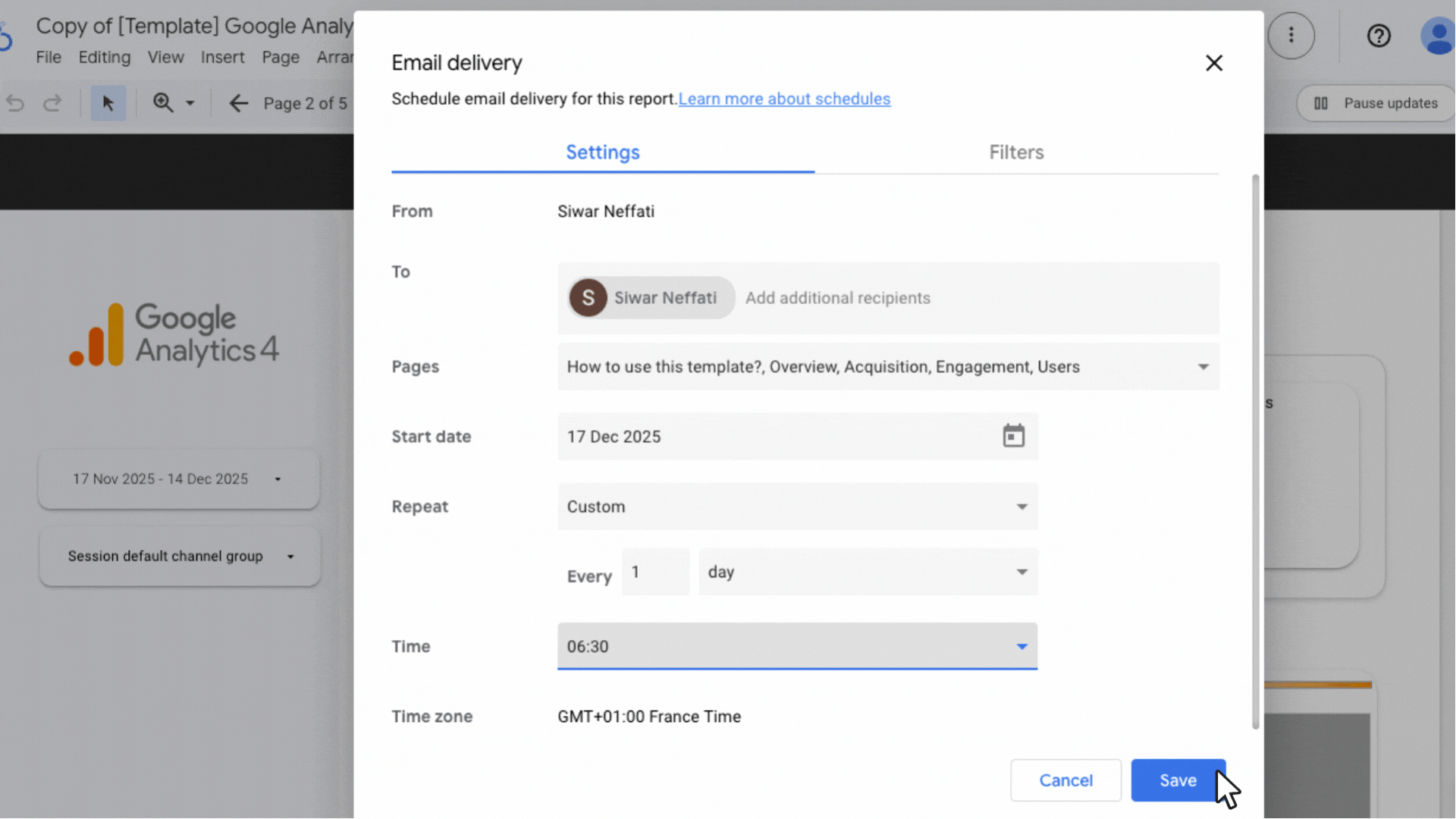 Looker Studio email delivery settings showing a custom scheduled report with selected pages, start date, repeat frequency, delivery time, and time zone before saving