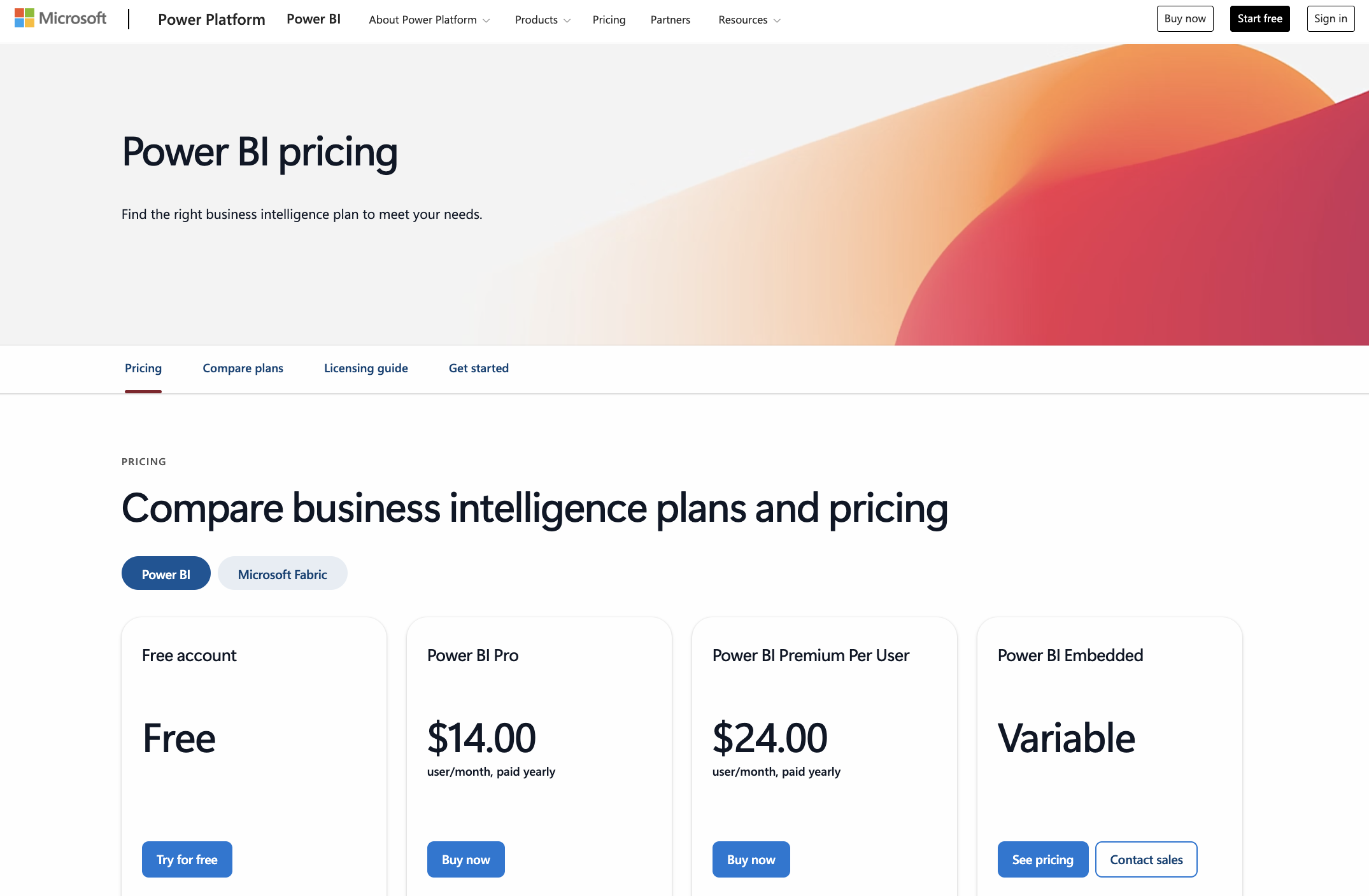 Screenshot of the Microsoft website displaying the different Power BI plans and pricing.