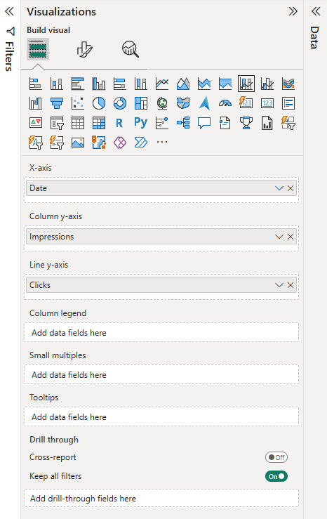 Zoomed screenshot of Power BI focusing on the Visualization pane, showing available visuals and configuration options for a chart.