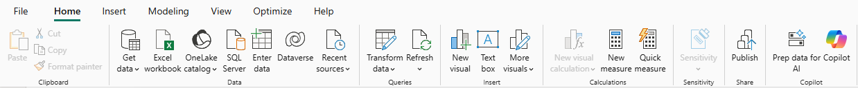 Screenshot showing the Power BI Home ribbon with its main actions and tools.