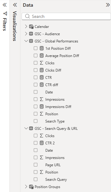 Zoomed screenshot of the Power BI Data pane (Fields pane) showing the list of available fields for each table.