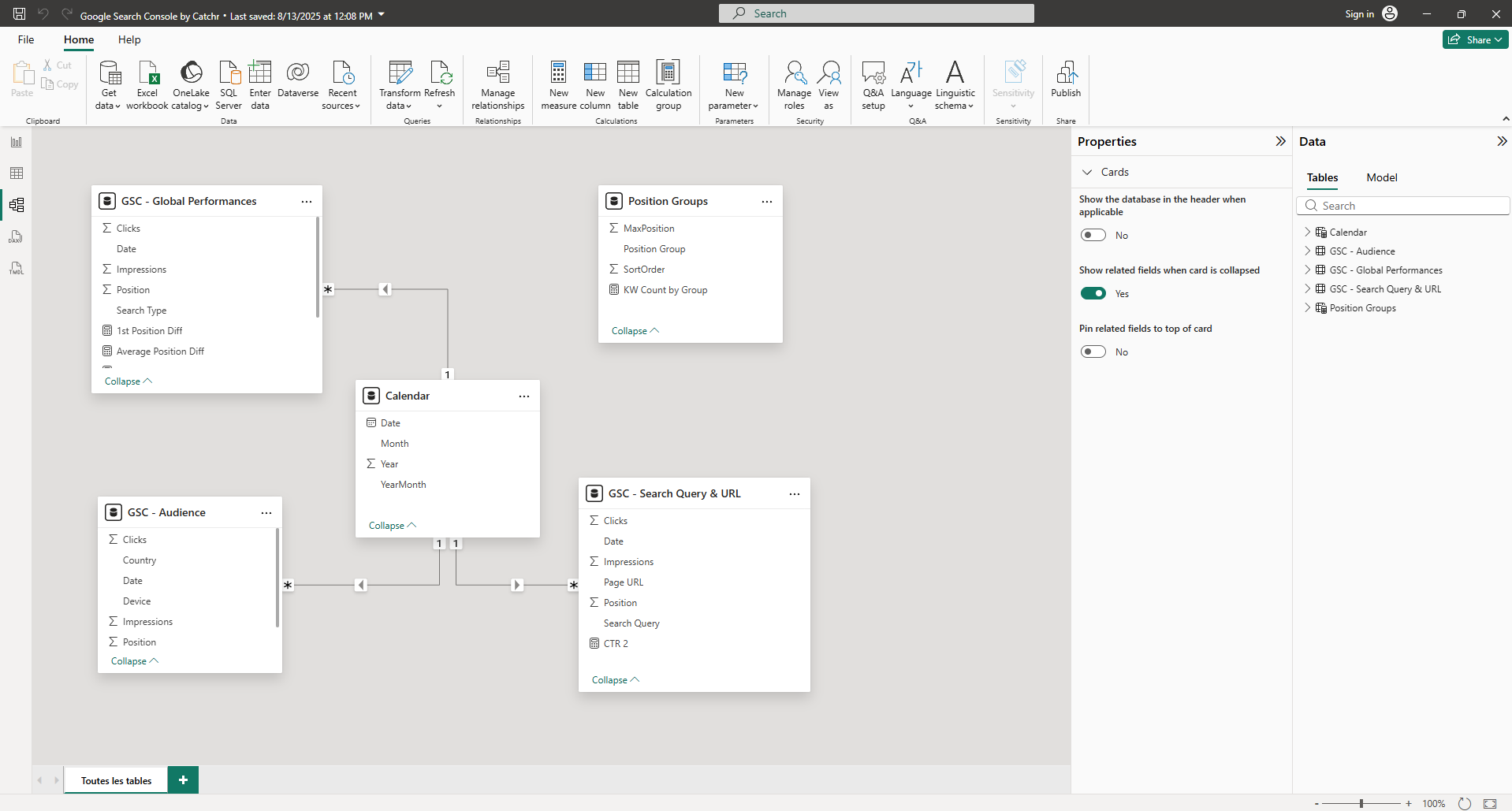 Power BI screenshot displaying the Model view, with several tables connected through defined relationships.