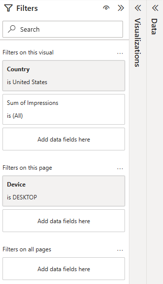 Zoomed screenshot of Power BI focusing on the Filters pane, showing available filter options.
