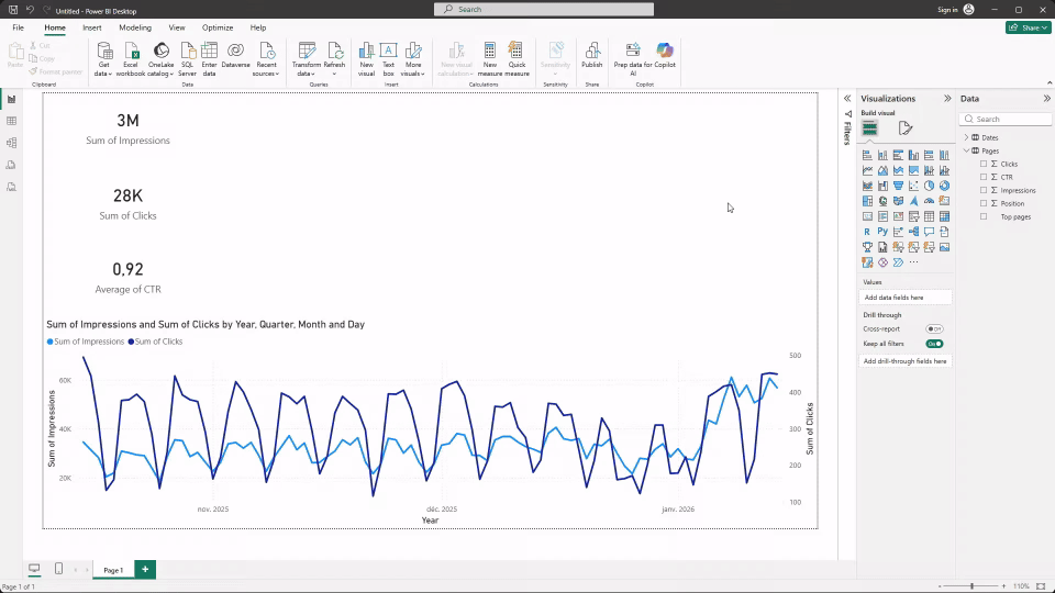 GIF showing how to add and configure a table in Power BI.