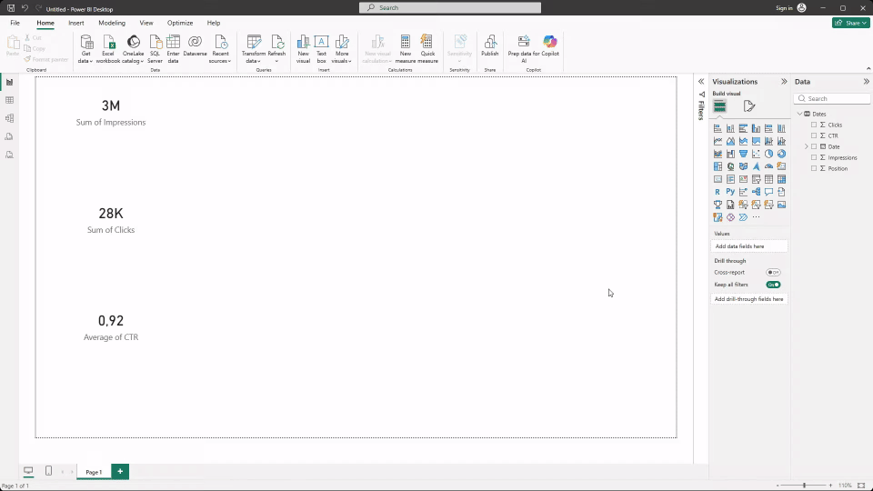 GIF showing how to add and configure a line chart in Power BI.