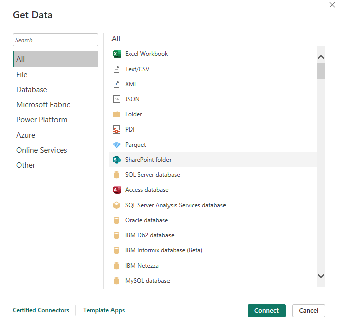 Screenshot of Power BI showing the different categories of available data sources.