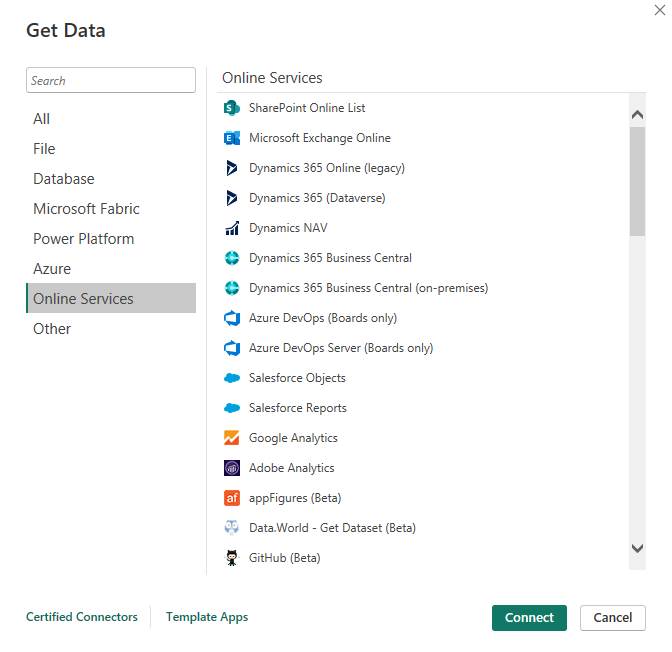 Screenshot of the Power BI Get Data interface showing the Online Services tab with available data sources.