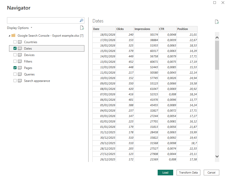 Screenshot of Power BI showing the preview of an XLSX file before loading the data.