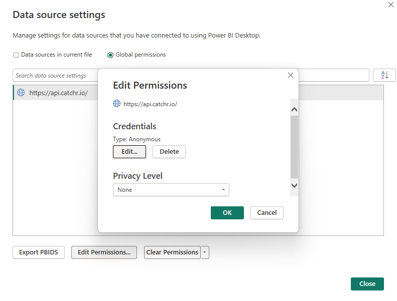 Screenshot of Power BI data source settings showing where credentials can be edited.