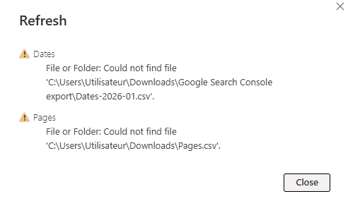 Screenshot of a Power BI error message indicating that the data source location cannot be found.