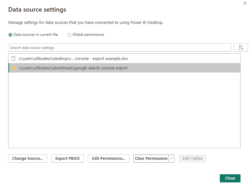 Screenshot displaying the Power BI Data Source Settings window, where connected data sources and permissions are managed.