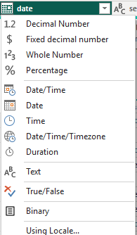 Screenshot showing the different data types that can be applied to a column in Power Query.