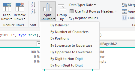 Screenshot showing the Split Column button and its different options in Power Query.