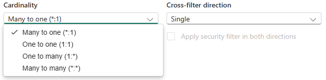 Screenshot of Power BI showing the cardinality options for a relationship.